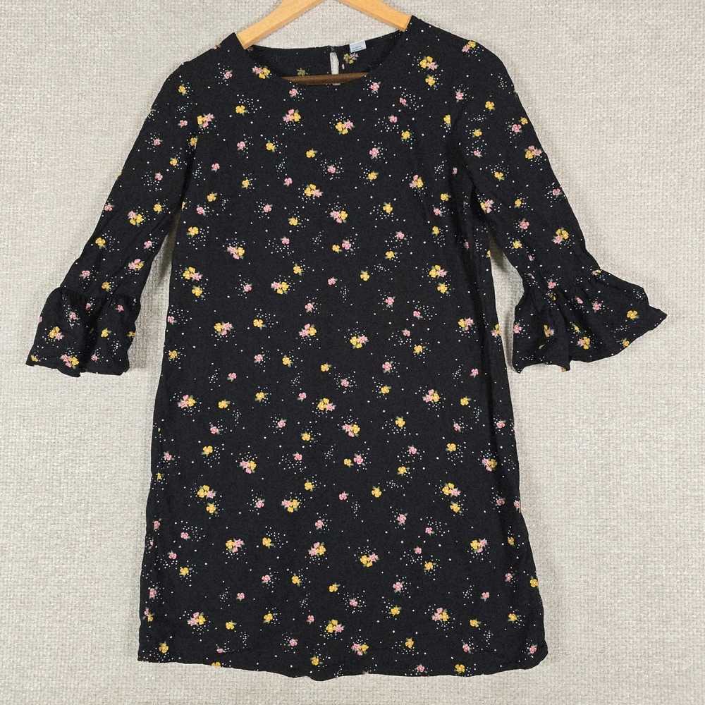 Old Navy Womens XS Black Floral‎ Polka Dot Ruffle Sleeve Rayon Shift Mini Dress